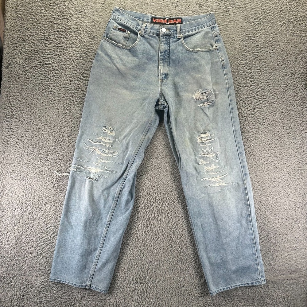 Vibes Jeans Men 34x34 Blue Cotton Denim Straight Baggy Distressed Faded Workwear